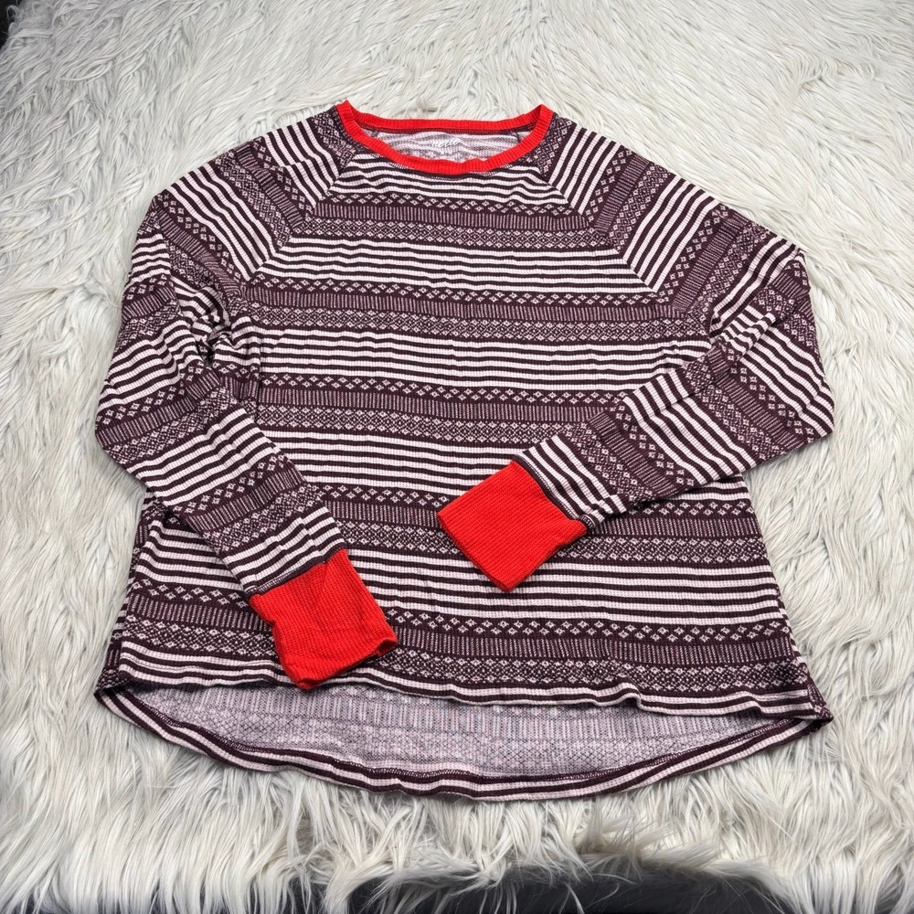 Aerie Women's M Fair Isle Waffle Knit Top Lounge Cozycore Burgundy Red Thumbhole